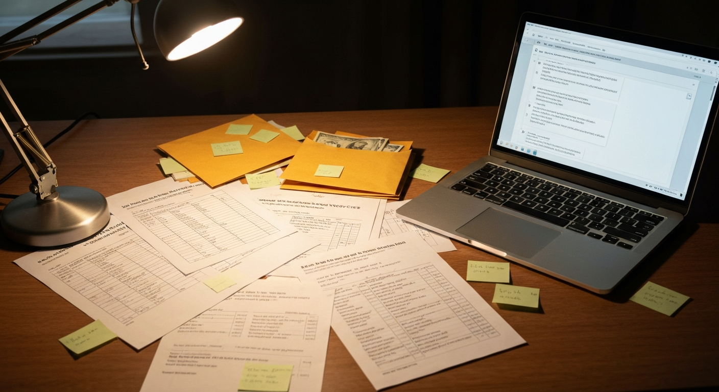 A cluttered desk with paper meeting notices, handwritten lists, and an open laptop showing an email inbox