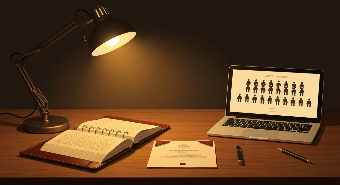 A lodge secretary's desk with a summons, an open ledger, and a laptop showing a table plan