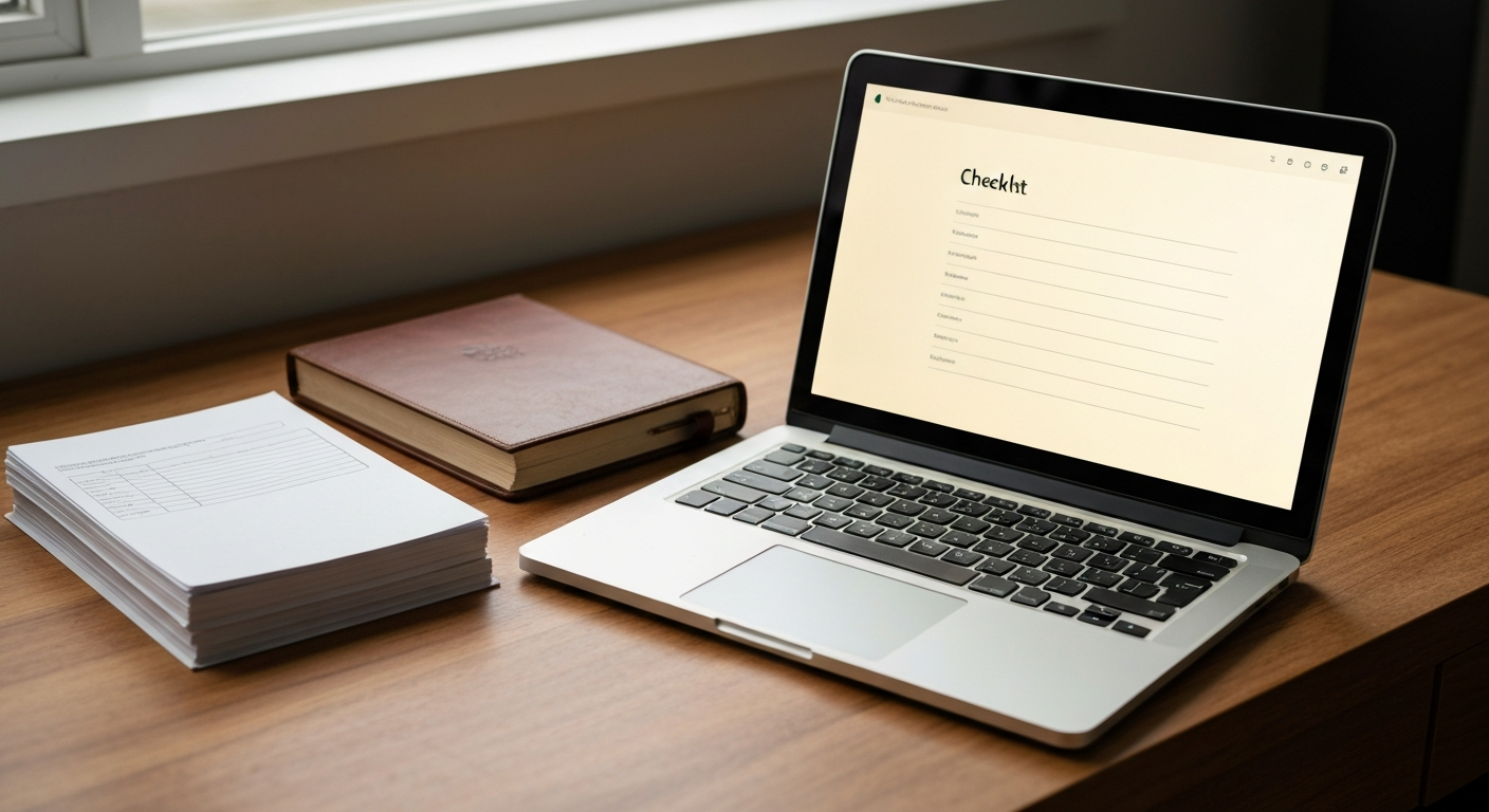 A tidy desk with a laptop showing a simple reply confirmation, next to a closed ledger book and an unused stack of paper forms